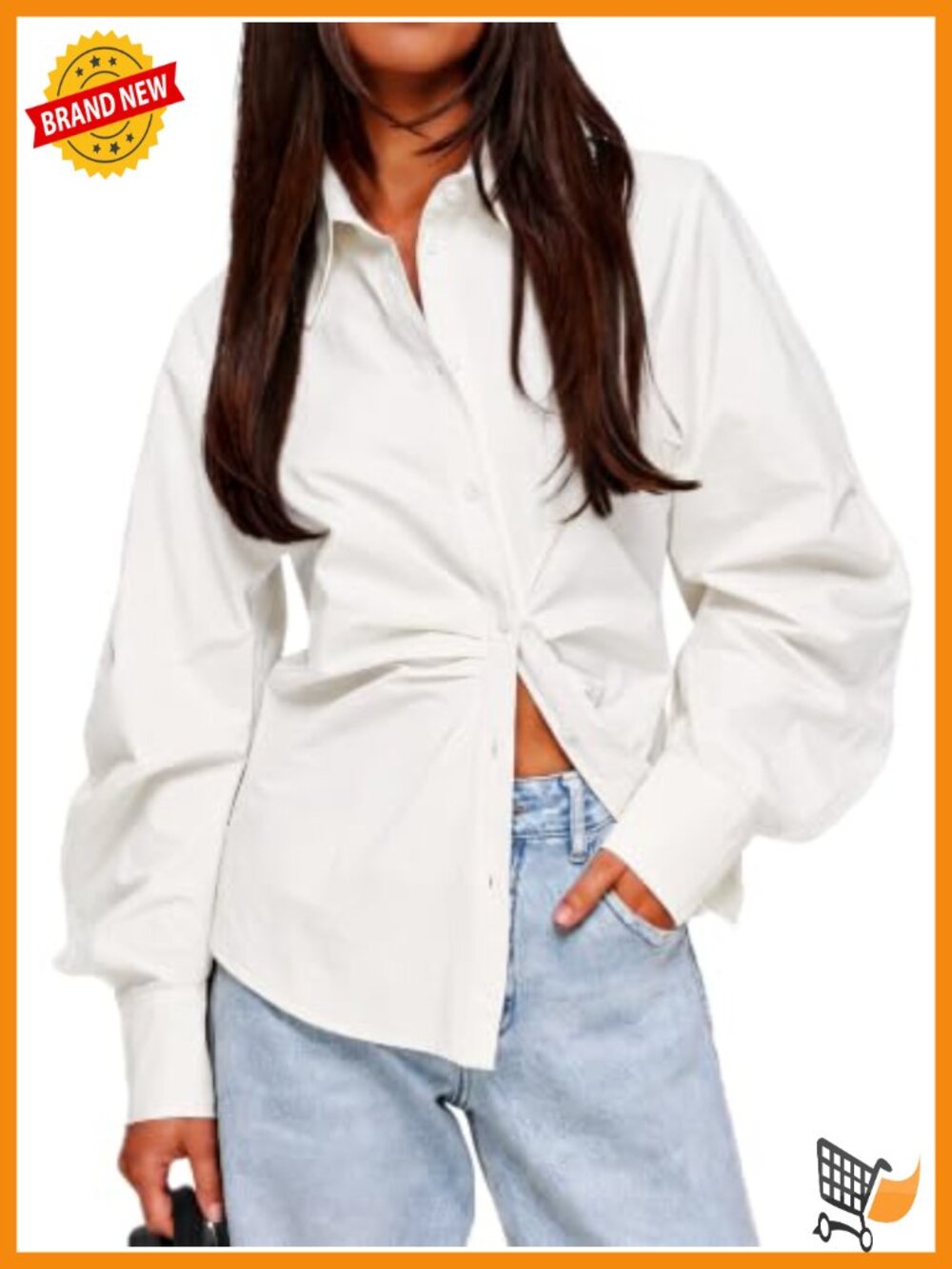 Womens Ruched Button Down Shirt Puff Sleeve Cotton Blouse